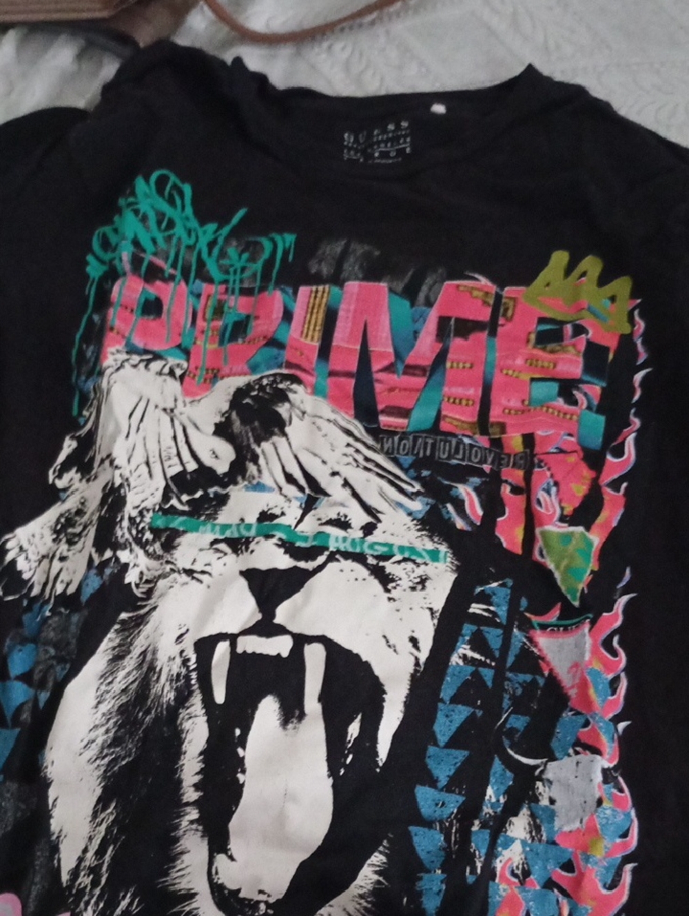 Guess Black Tee with Multicolor Lion Graphic
